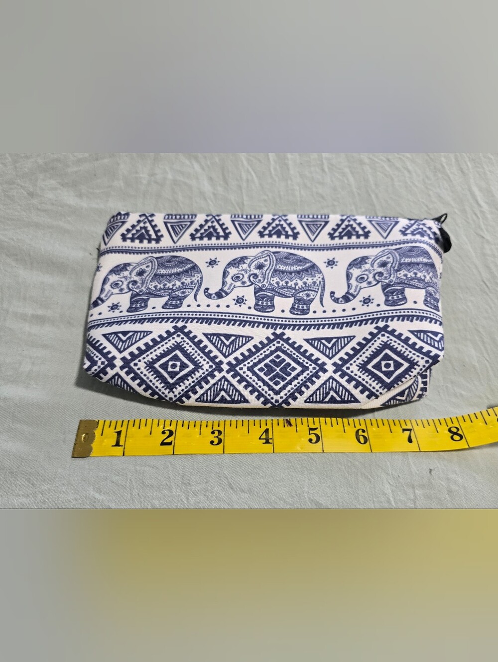 Bohemian Elephant Zipper Pouch Blue White Tribal Geometric Makeup Clutch - Picture 3 of 4